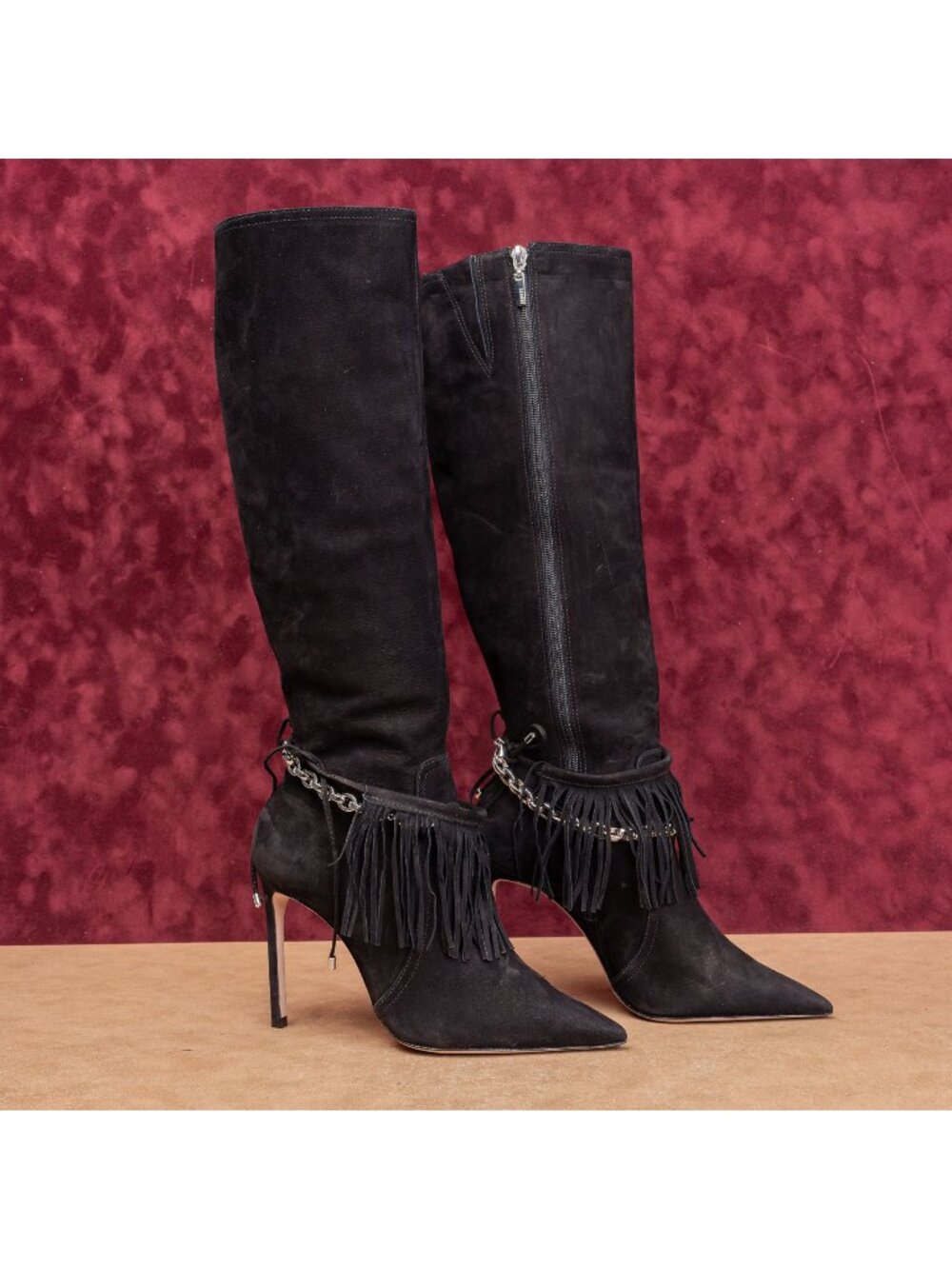 Schutz Women Vickie Black Suede Fashion Party Pointy Zip Toe Knee Boots sz 8